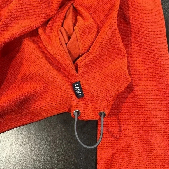 ❤️ 2/$11 Y2K Izod Jeans Waffle Knit Red Orange Fleece Hoodie Mens Large - Picture 5 of 9